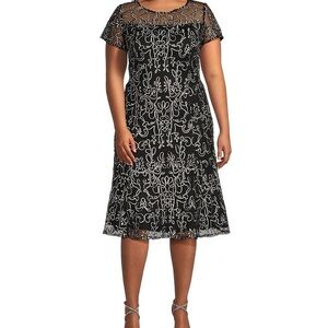 Black and Silver A-Line Midi Dress with Flutter Sleeves